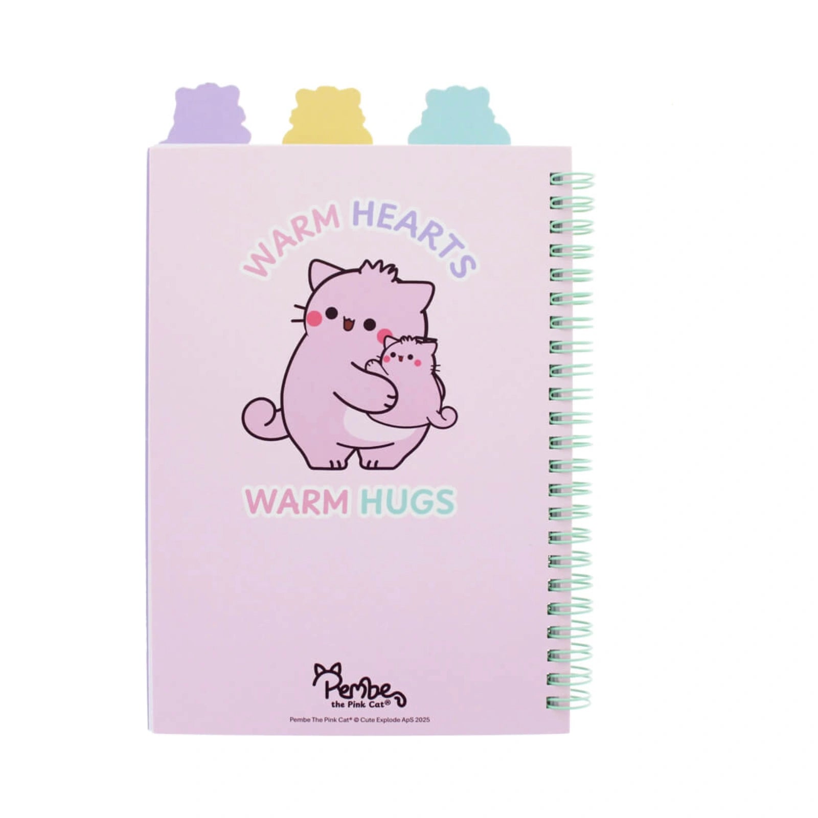 A light pink Pembe Project Book featuring a cartoon illustration of a pink cat hugging a kitten under the words Warm Hearts and Warm Hugs, with a green spiral binding and pastel purple, yellow, and blue cat head shaped tab dividers.
