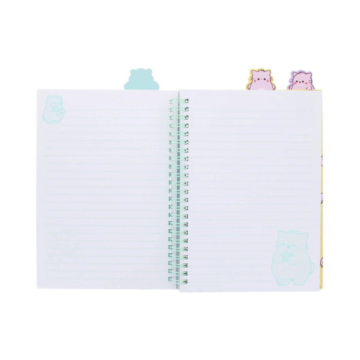 An open Pembe the Pink Cat project book featuring lined pages with light green lines, cute cartoon cat illustrations in the corners, and pastel colored cat shaped divider tabs peeking out from the top.