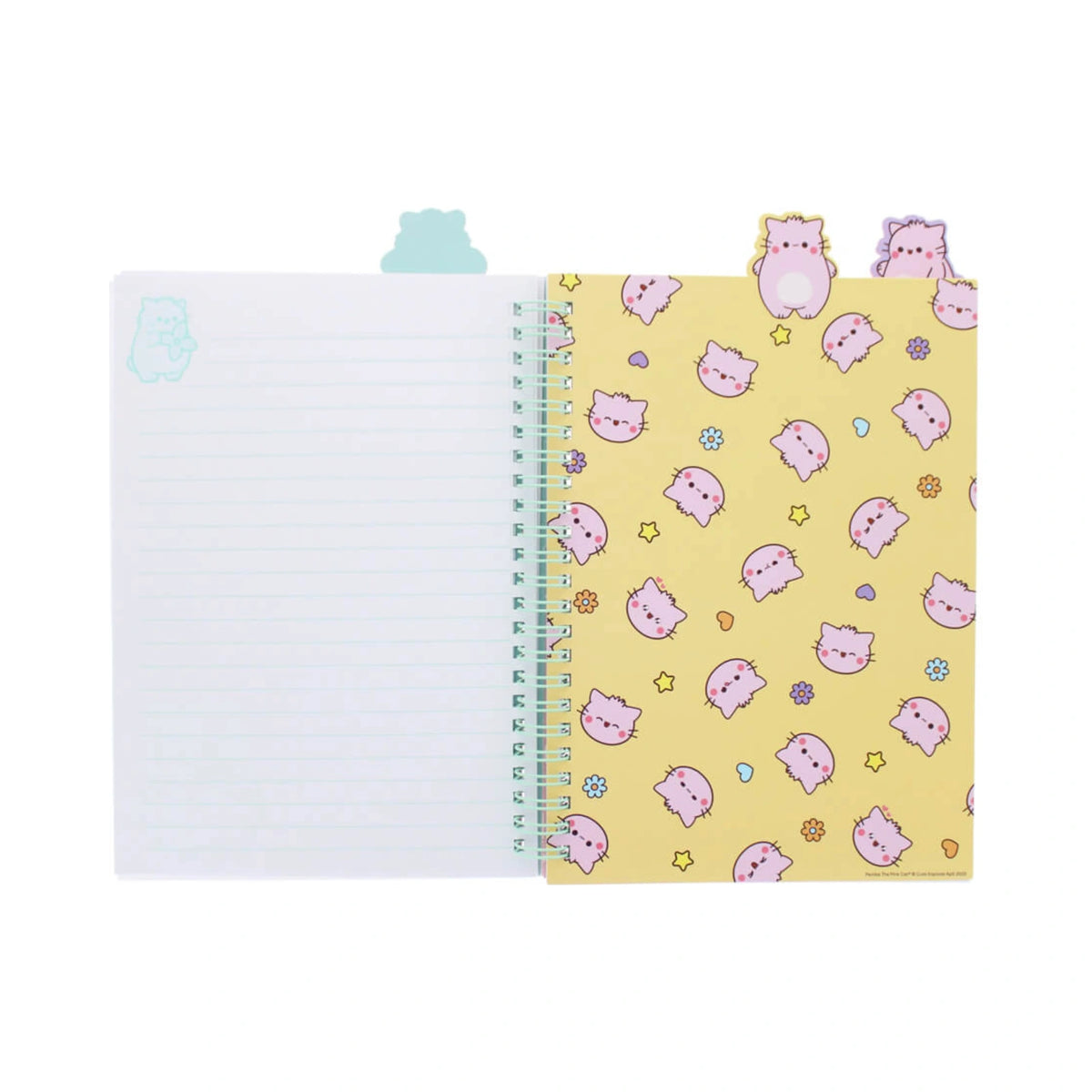 An open Pembe the Pink Cat project book featuring lined pages with light green lines, cute cartoon cat illustrations in the corners, and pastel colored cat shaped divider tabs peeking out from the top.