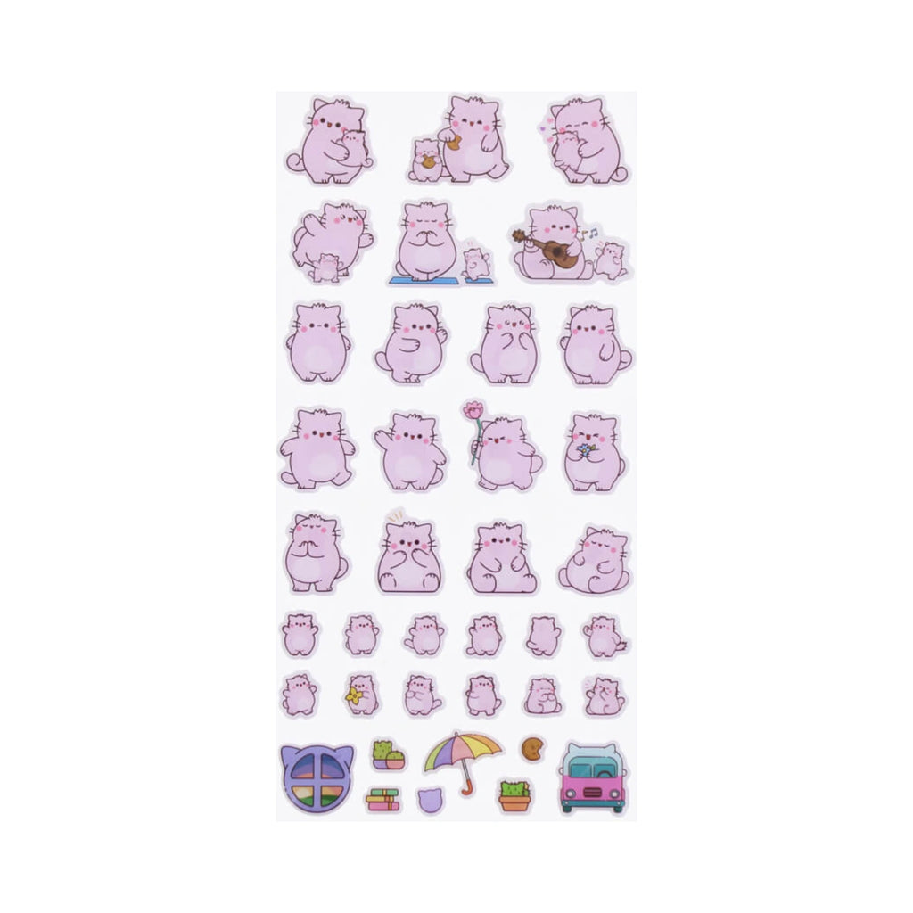 Pembe the Pink Cat puffy sticker sheet showcasing a collection of cute lavender pink cartoon cats in various adorable poses, alongside small illustrations of a rainbow umbrella, a pink bus, and potted cacti.