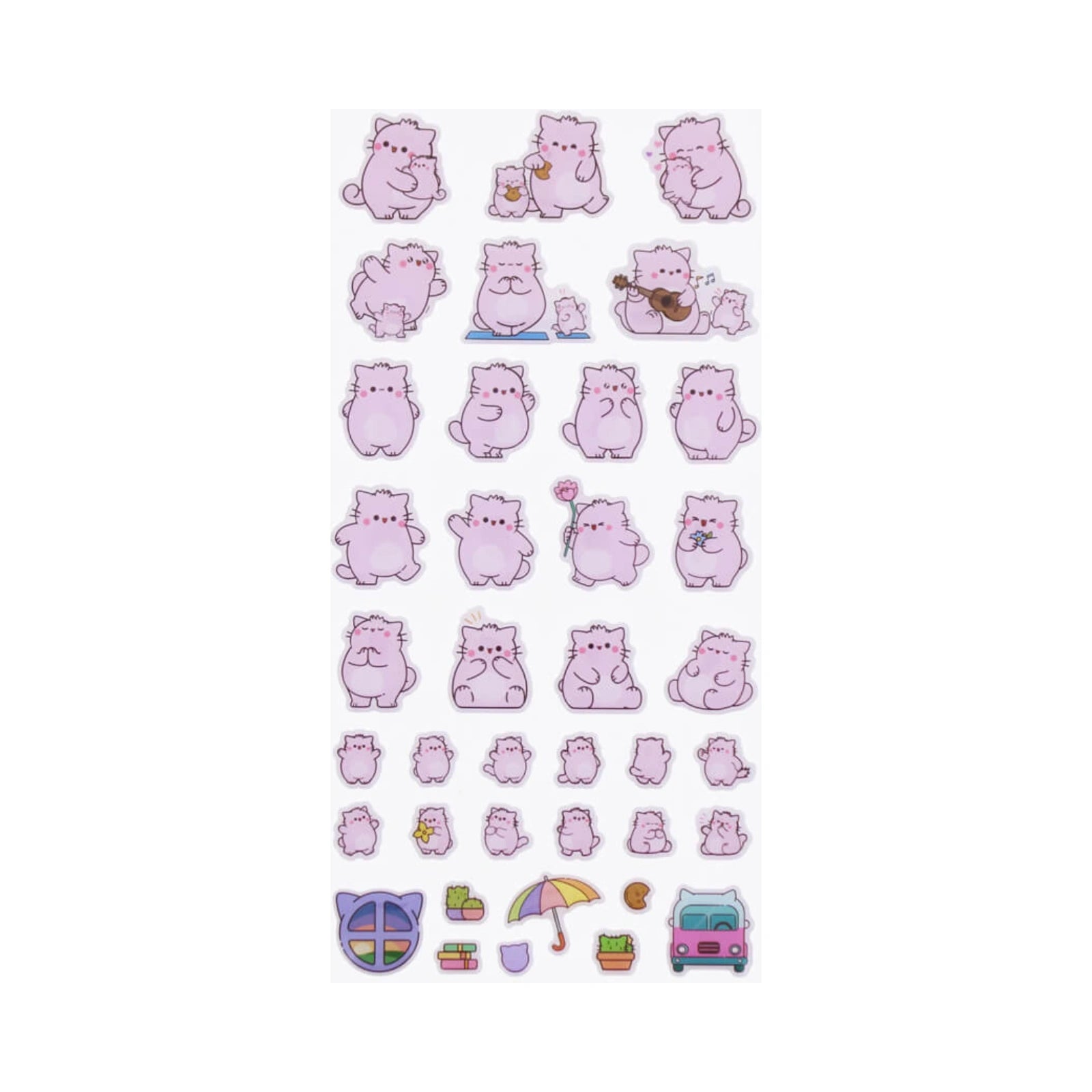 Pembe the Pink Cat puffy sticker sheet showcasing a collection of cute lavender pink cartoon cats in various adorable poses, alongside small illustrations of a rainbow umbrella, a pink bus, and potted cacti.
