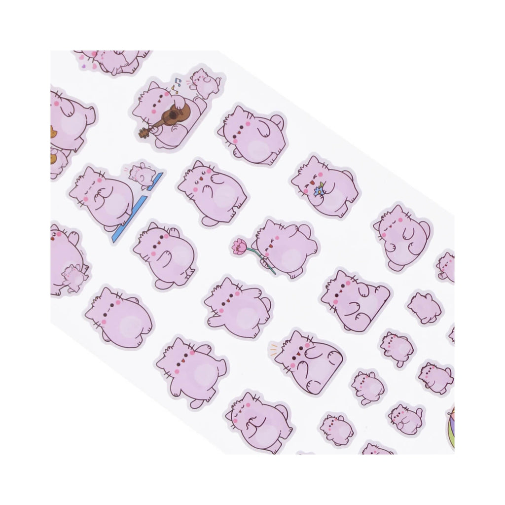 Pembe the Pink Cat puffy sticker sheet featuring various cute lavender cartoon cats in playful poses on a white background.