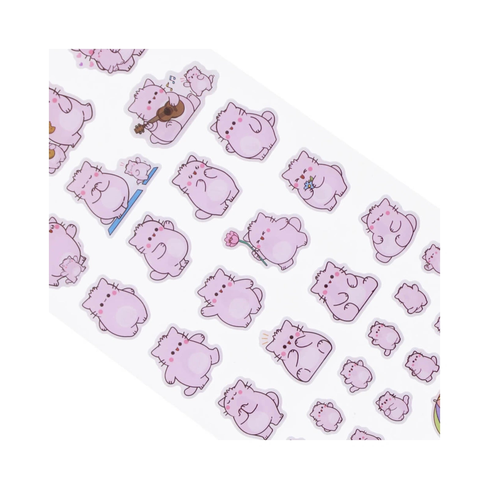 Pembe the Pink Cat puffy sticker sheet featuring various cute lavender cartoon cats in playful poses on a white background.