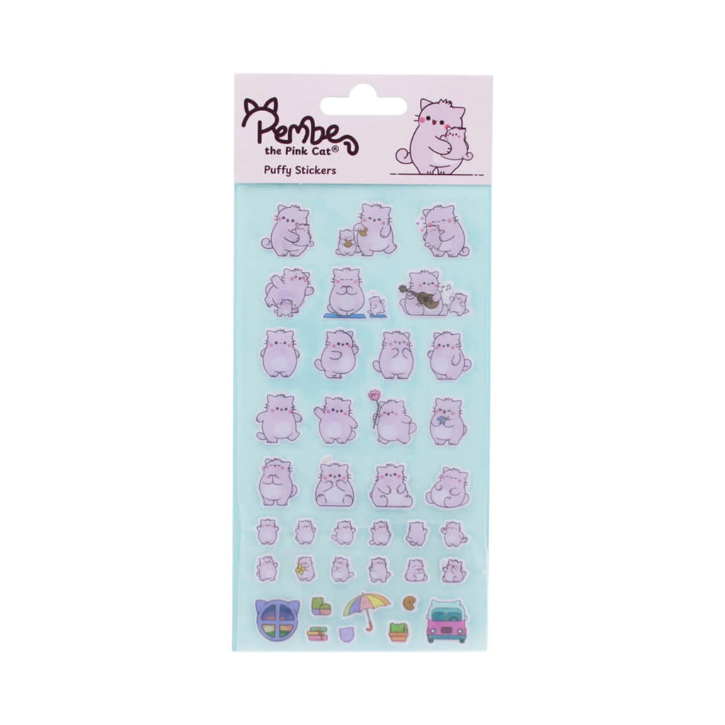 A PEMBE PUFFY STICKER SHEET by Pembe the Pink Cat featuring multiple light purple cartoon cat characters in various playful poses on a soft blue background.