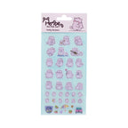 A PEMBE PUFFY STICKER SHEET by Pembe the Pink Cat featuring multiple light purple cartoon cat characters in various playful poses on a soft blue background.