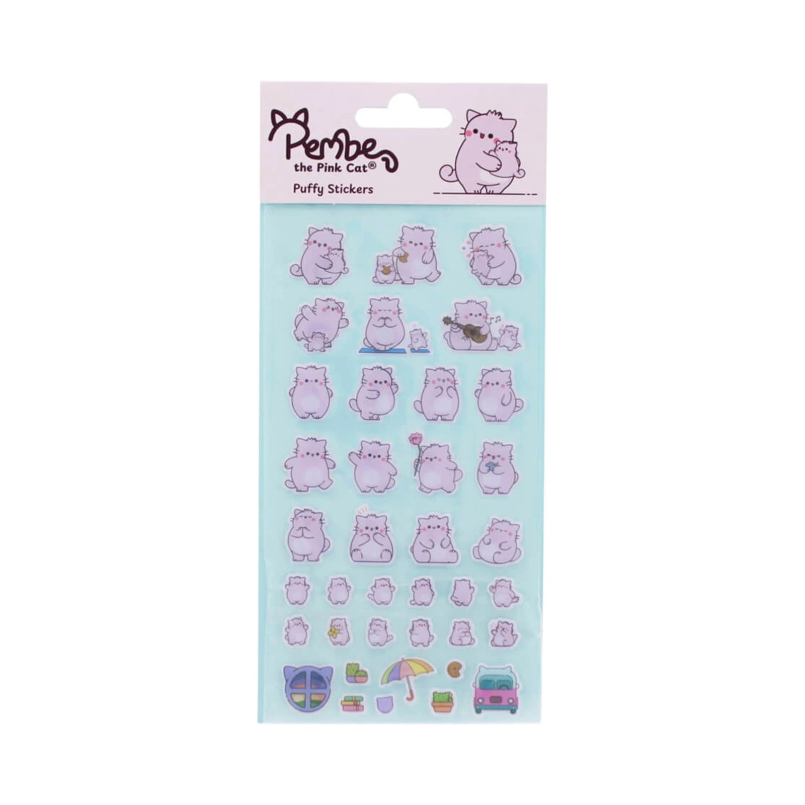 A PEMBE PUFFY STICKER SHEET by Pembe the Pink Cat featuring multiple light purple cartoon cat characters in various playful poses on a soft blue background.