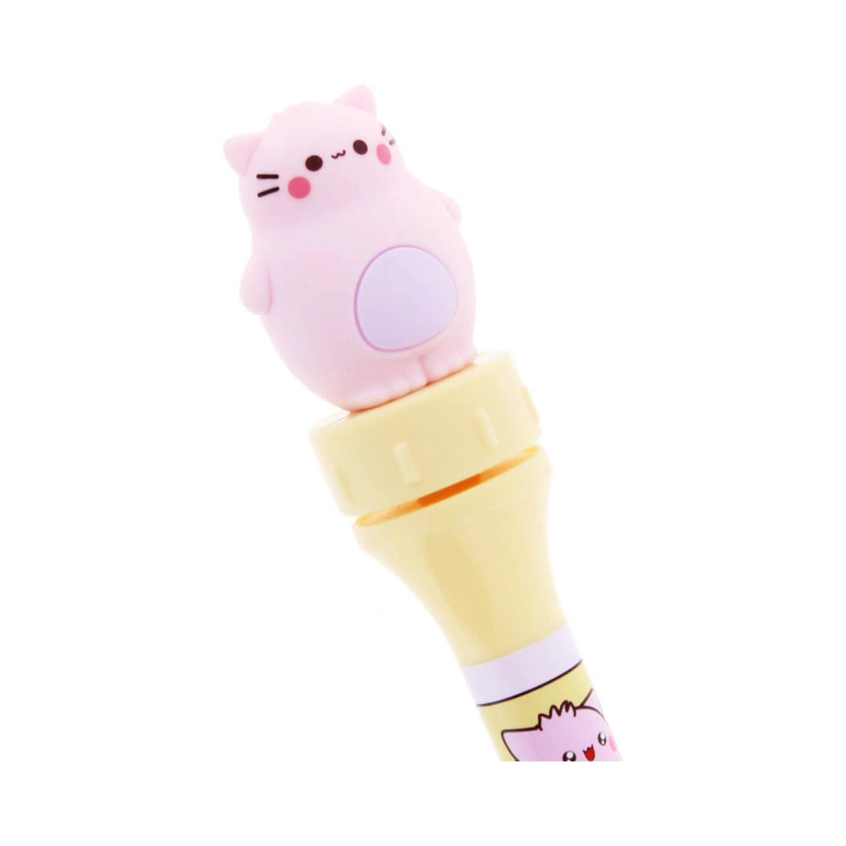 Pembe the Pink Cat spinning pen featuring a pink silicone cat topper with a light purple belly resting on a yellow spinning mechanism