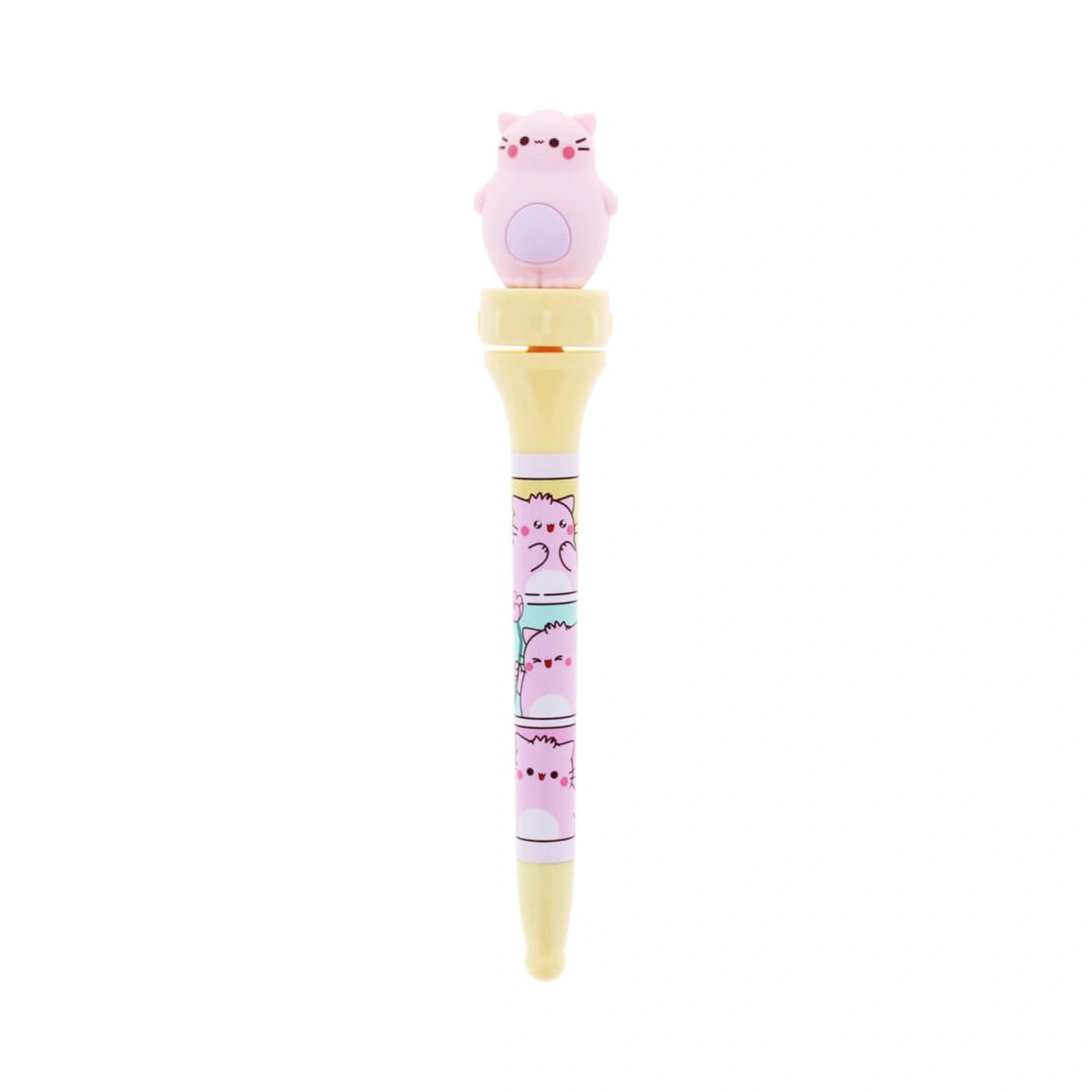 Pembe the Pink Cat spinning pen featuring a pink cat silicone topper and a yellow barrel with printed cartoon cat illustrations
