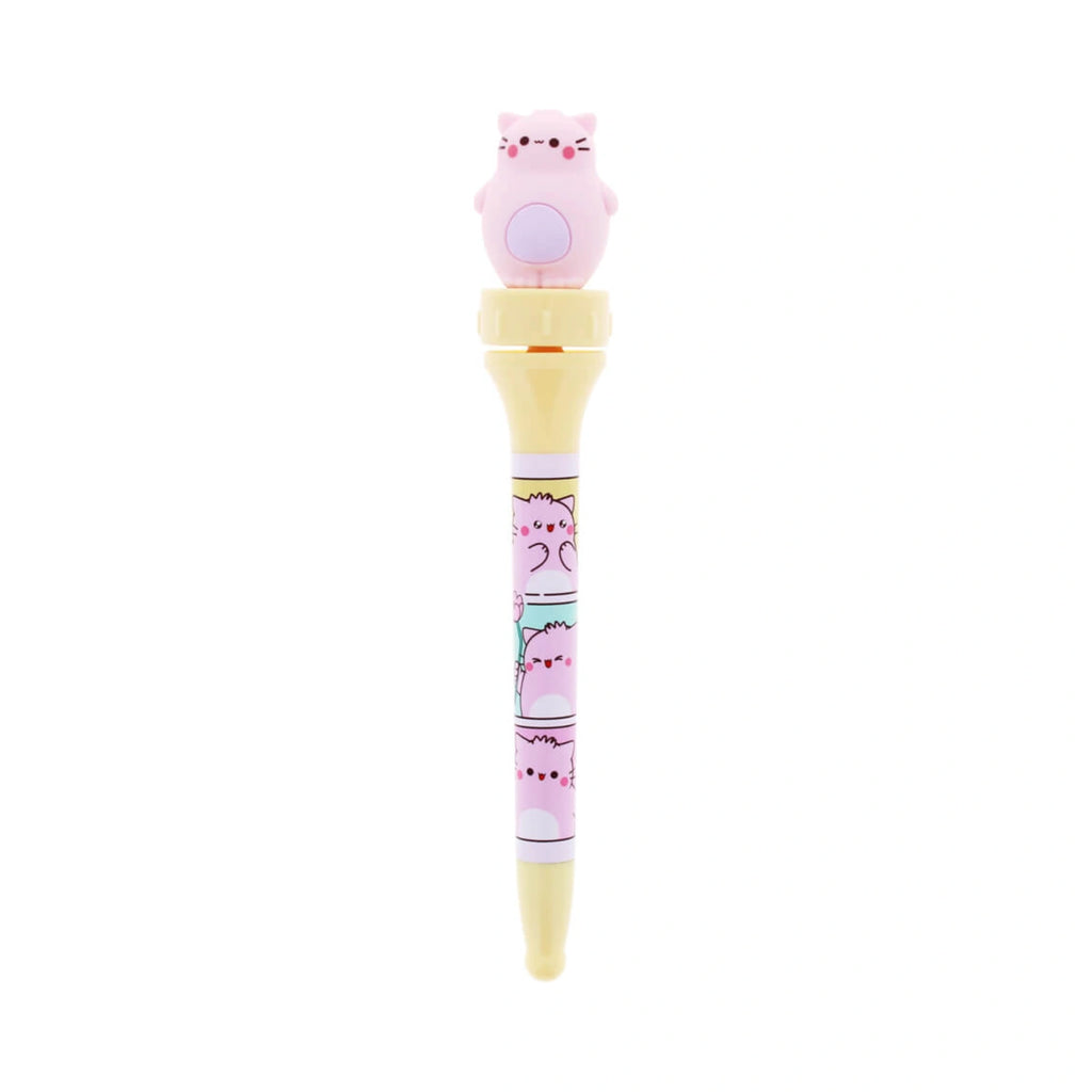 Pembe the Pink Cat spinning pen featuring a pink cat silicone topper and a yellow barrel with printed cartoon cat illustrations