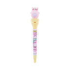 Pembe the Pink Cat spinning pen featuring a pink cat silicone topper and a yellow barrel with printed cartoon cat illustrations