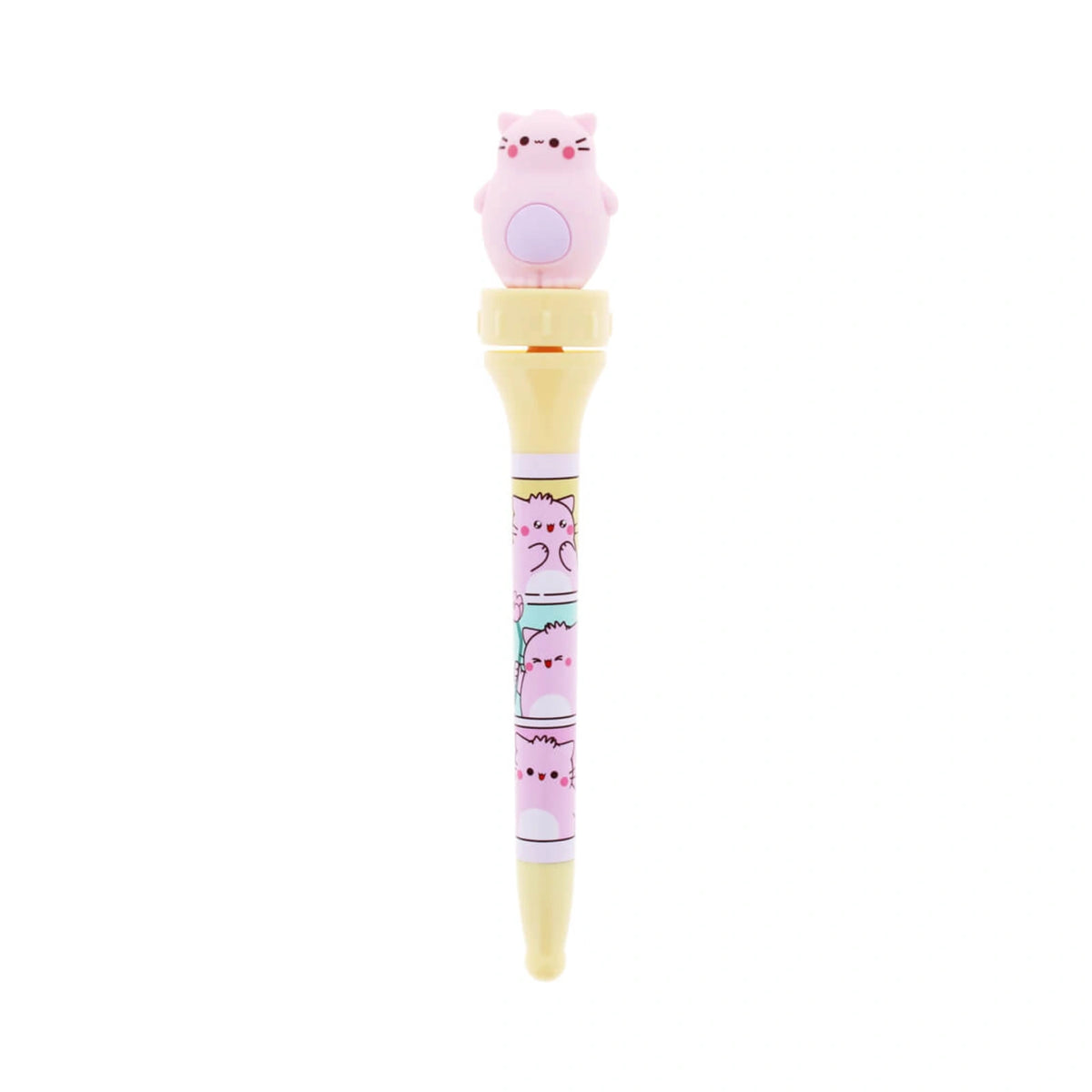 Pembe the Pink Cat spinning pen featuring a pink cat silicone topper and a yellow barrel with printed cartoon cat illustrations