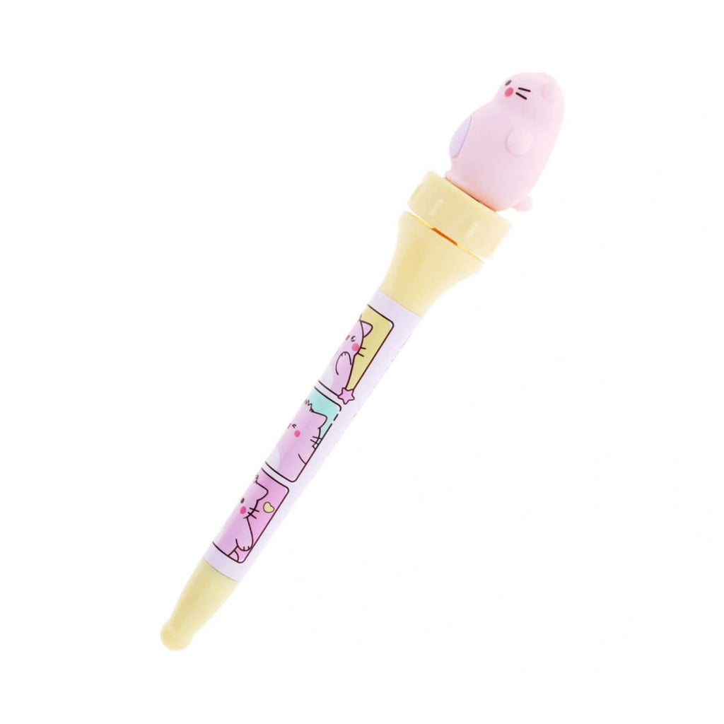 Pembe the Pink Cat spinning pen featuring a pastel yellow body and a purple barrel decorated with cartoon cat illustrations topped with a pink silicone cat figure