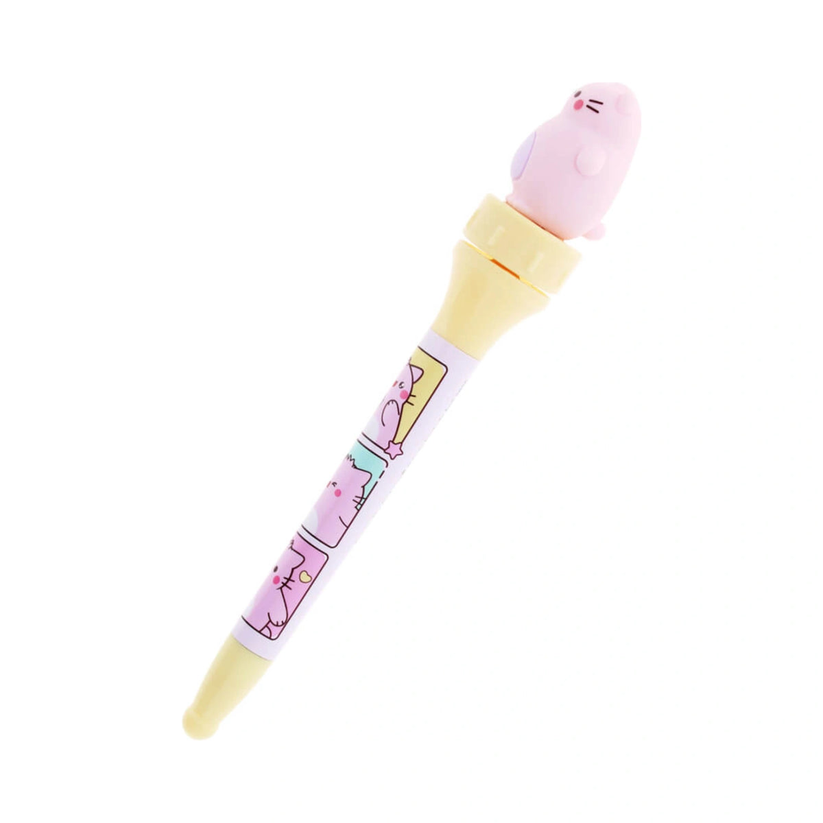 Pembe the Pink Cat spinning pen featuring a pastel yellow body and a purple barrel decorated with cartoon cat illustrations topped with a pink silicone cat figure