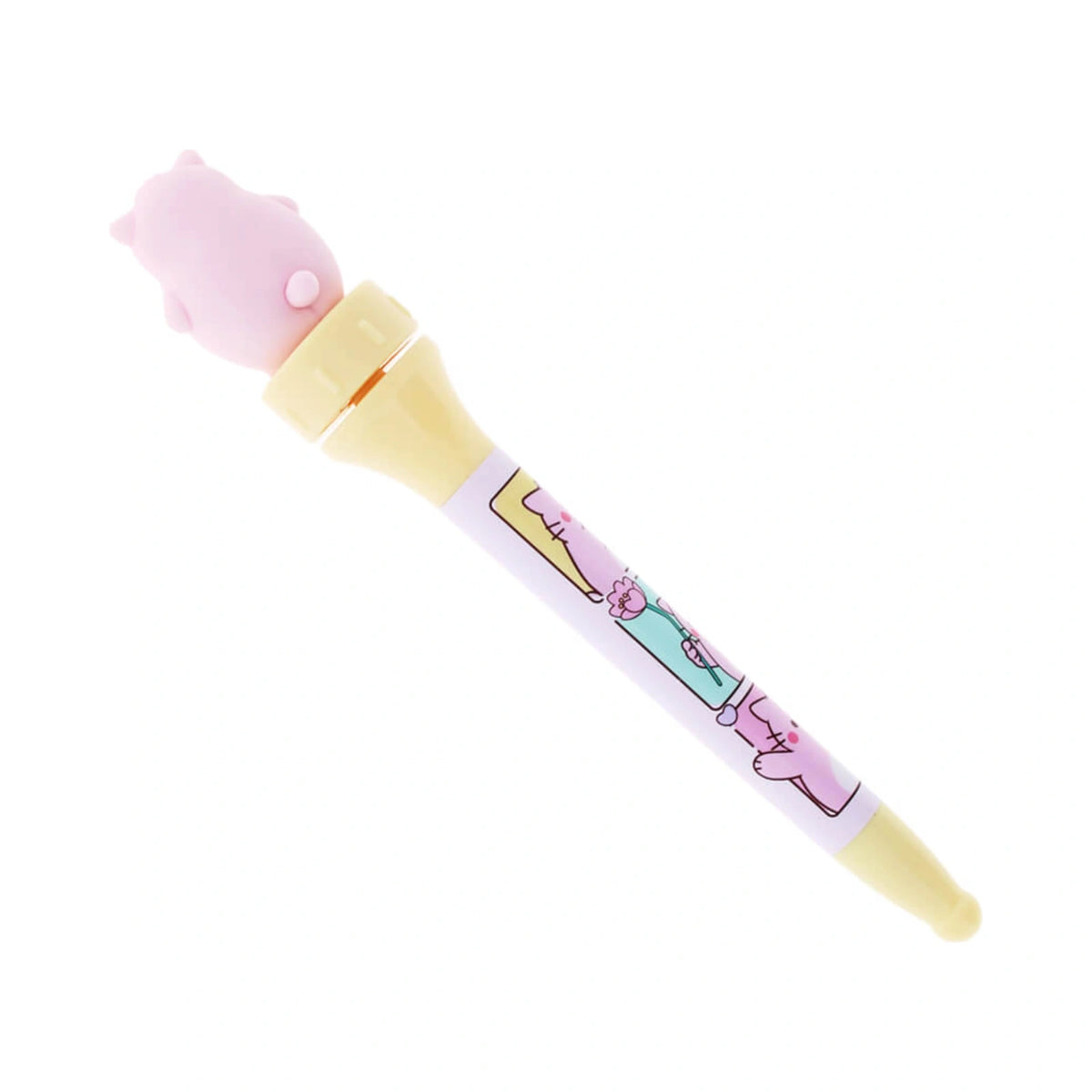 Pembe the Pink Cat Spinning Pen featuring a light pink silicone cat topper on a yellow and pastel purple barrel decorated with cartoon cats holding flowers