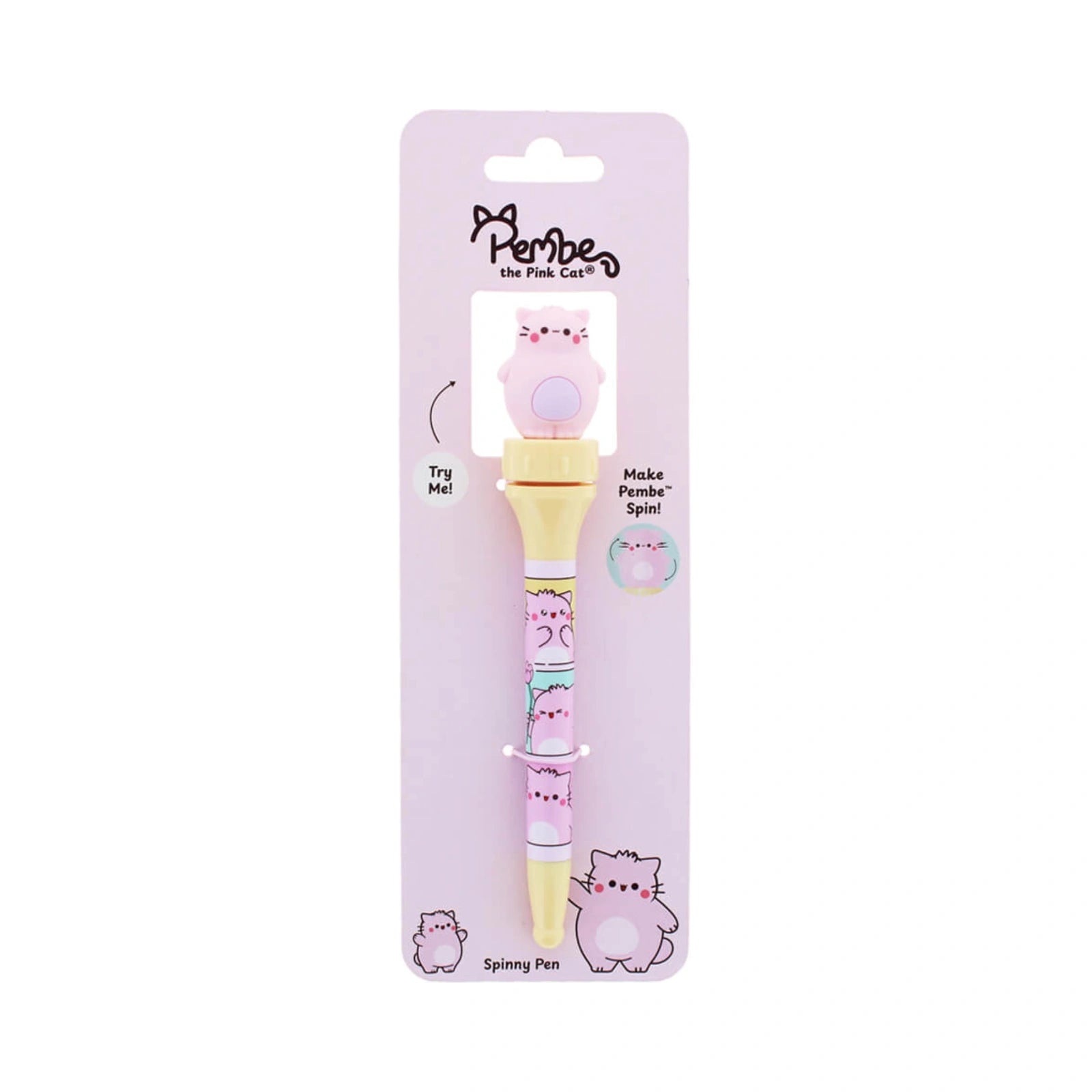 Pembe Spinning Pen featuring a pink cat silicone topper on a yellow barrel decorated with cartoon cats on its original pink cardboard packaging