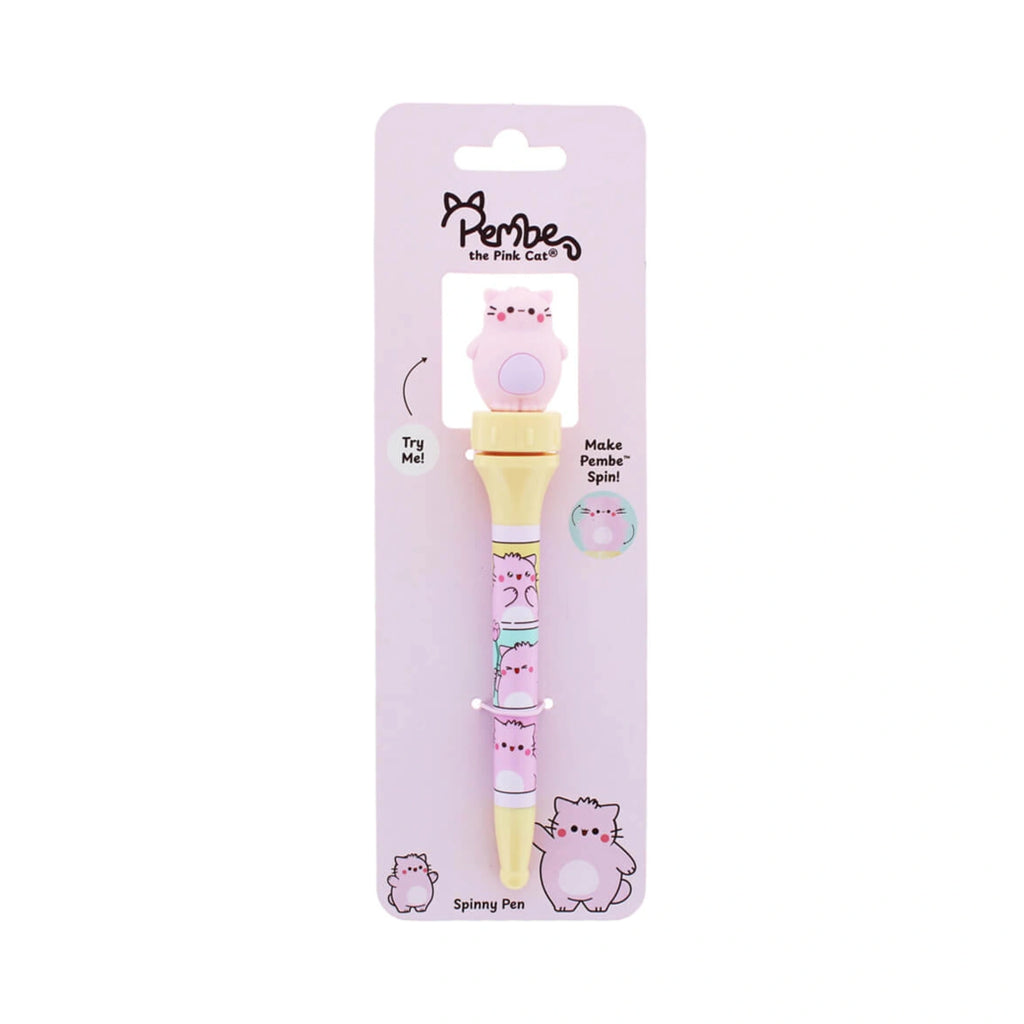 Pembe Spinning Pen featuring a pink cat silicone topper on a yellow barrel decorated with cartoon cats on its original pink cardboard packaging