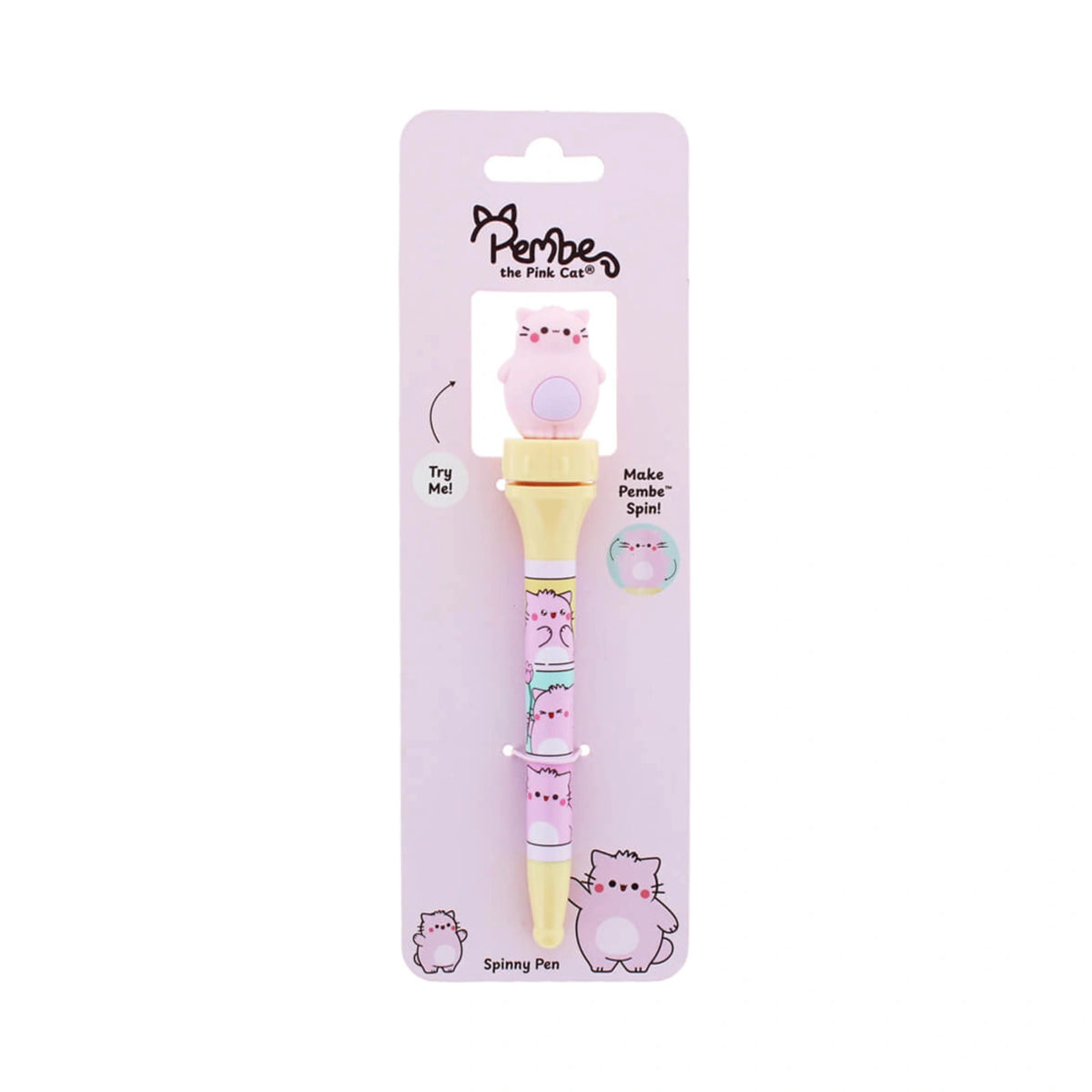 Pembe Spinning Pen featuring a pink cat silicone topper on a yellow barrel decorated with cartoon cats on its original pink cardboard packaging