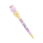 Pembe Spinning Pen featuring a pink cat silicone topper and a yellow barrel decorated with cartoon cat illustrations