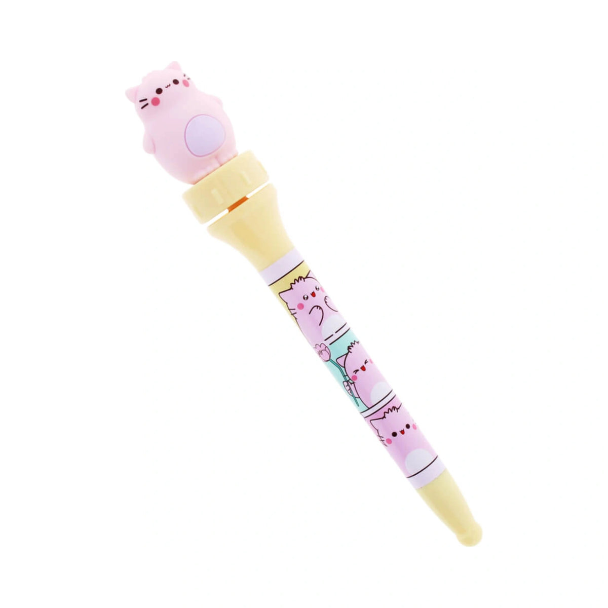 Pembe Spinning Pen featuring a pink cat silicone topper and a yellow barrel decorated with cartoon cat illustrations