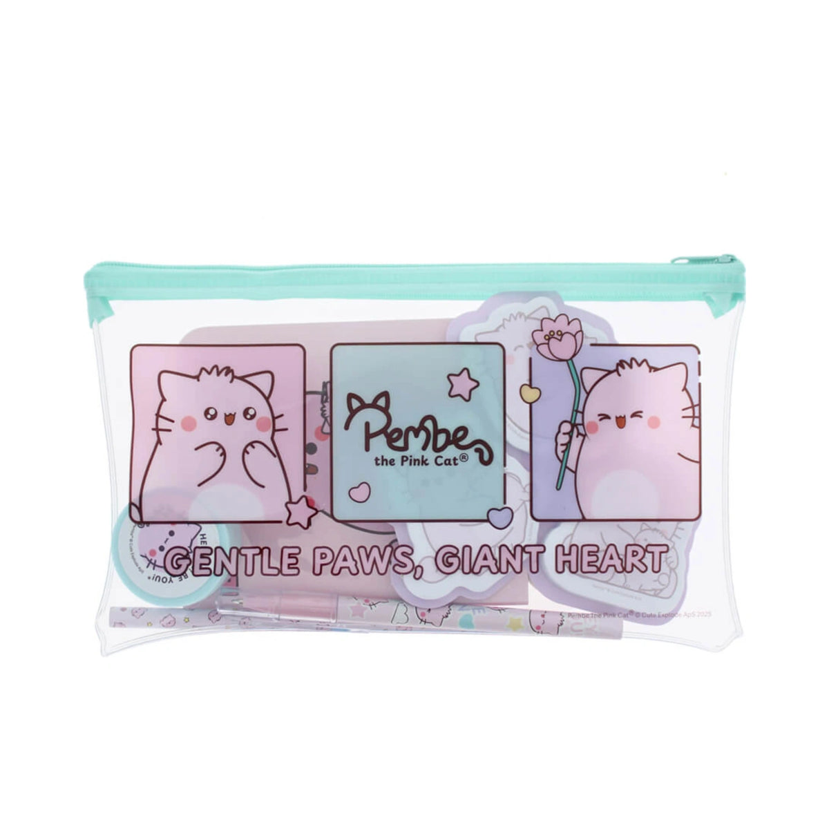Pembe the Pink Cat stationery set inside a clear zippered pouch with mint green trim, featuring a pink notepad, sticky notes, washi tape, and writing utensils decorated with cute cat illustrations.