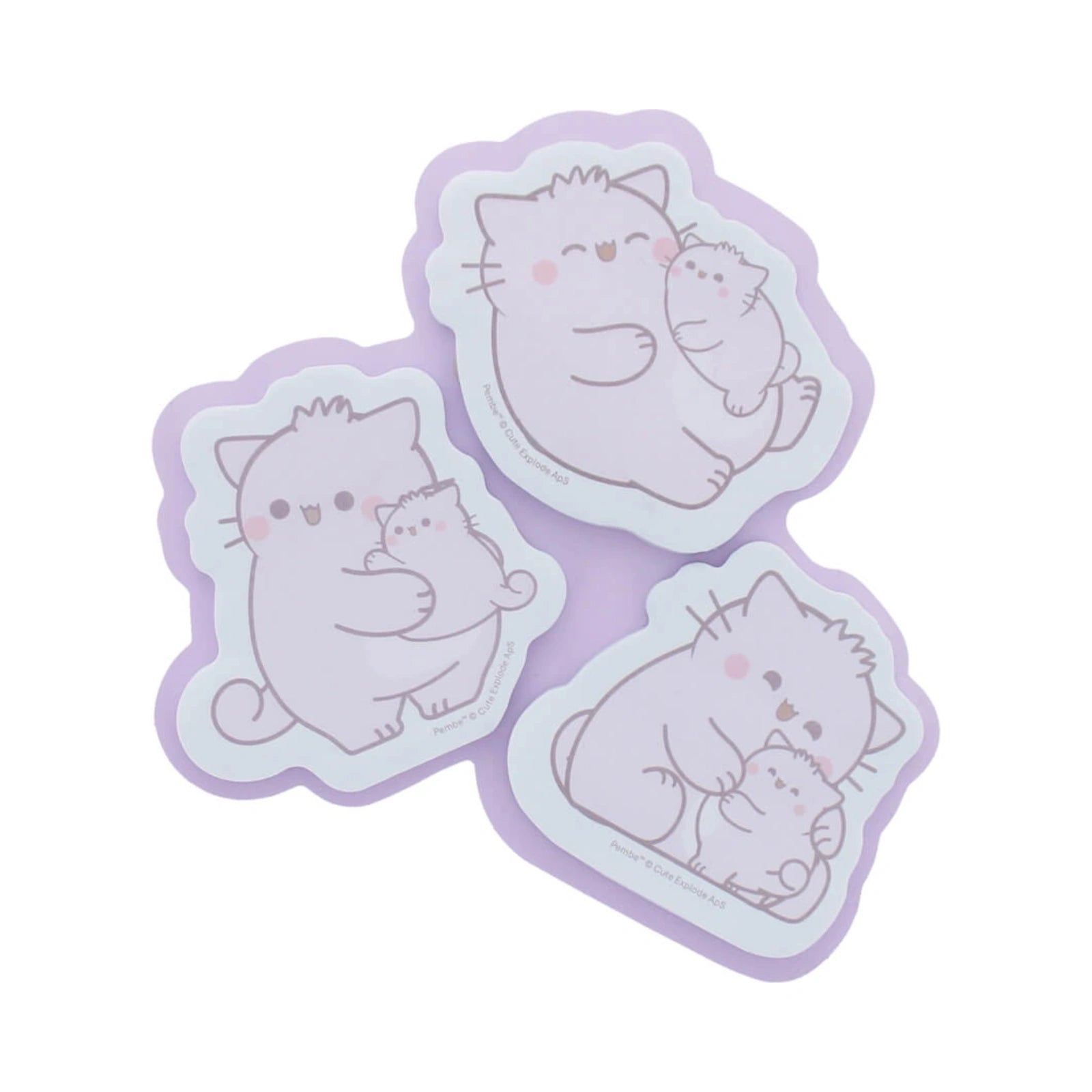 PEMBE STATIONERY SET featuring three die cut sticky notes of Pembe the Pink Cat cuddling a small kitten with light lavender outlines.