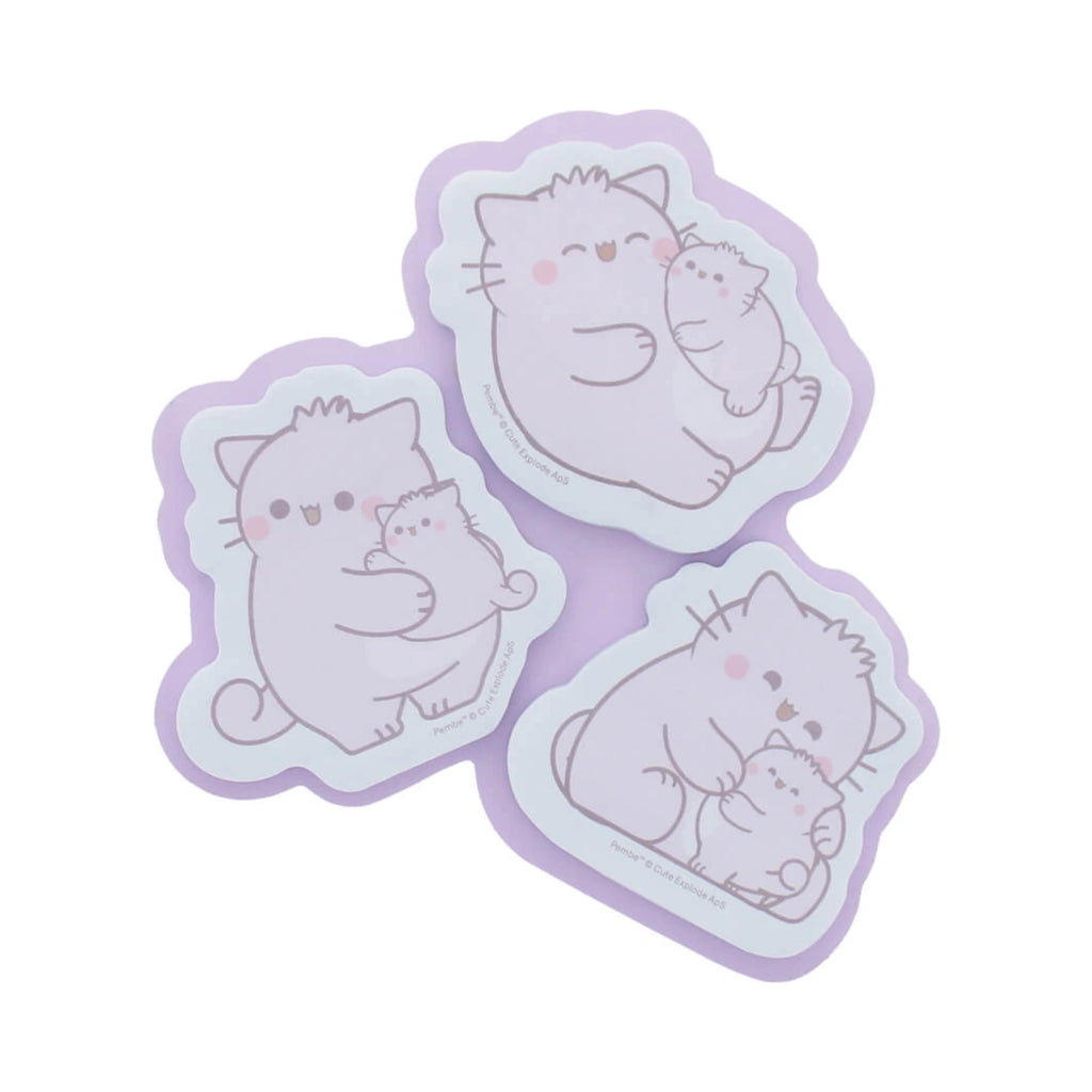 PEMBE STATIONERY SET featuring three die cut sticky notes of Pembe the Pink Cat cuddling a small kitten with light lavender outlines.