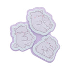 PEMBE STATIONERY SET featuring three die cut sticky notes of Pembe the Pink Cat cuddling a small kitten with light lavender outlines.