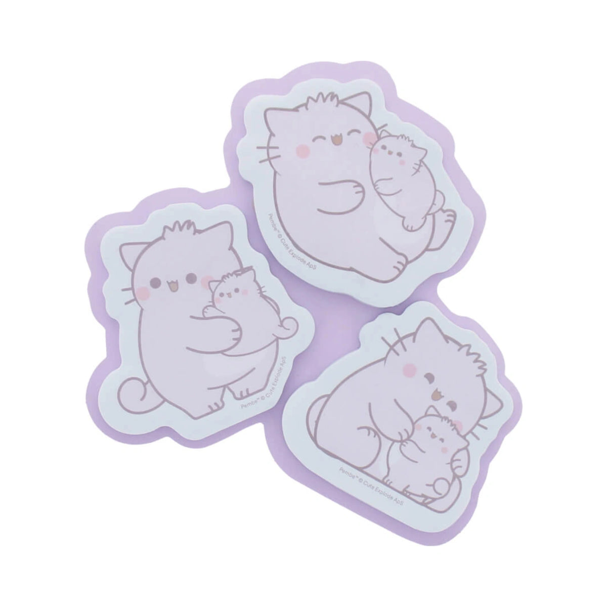PEMBE STATIONERY SET featuring three die cut sticky notes of Pembe the Pink Cat cuddling a small kitten with light lavender outlines.