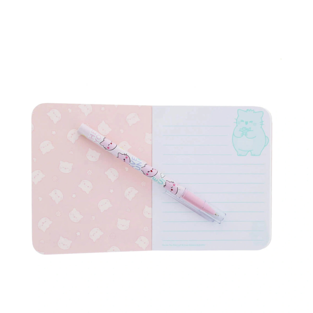 Pembe the Pink Cat stationery set featuring an open pink cat patterned notebook alongside a matching barrel pen with cute cartoon cat illustrations.