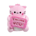 Pembe the Pink Cat plush toy in light pink holding a plush dark pink sign that reads Thank You! on white.