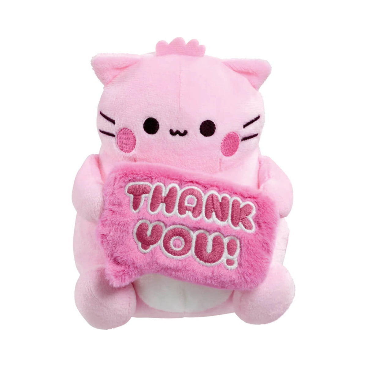 Pembe the Pink Cat plush toy in light pink holding a plush dark pink sign that reads Thank You! on white.