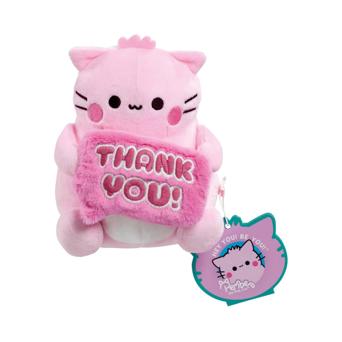 Pembe the Pink Cat plush toy holding a fuzzy pink sign with embroidered text reading Thank You! on white.