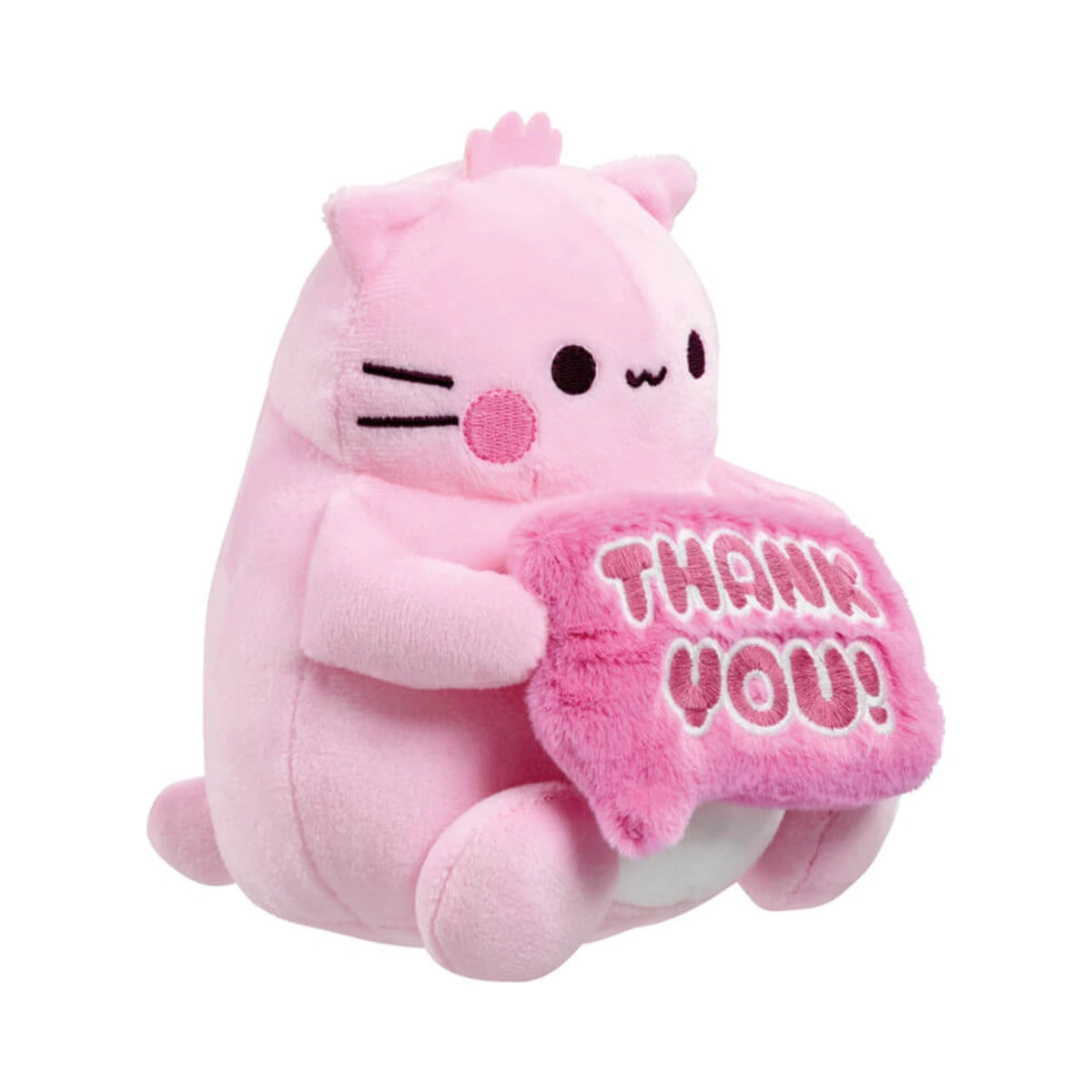Pembe the Pink Cat small soft toy holding a fuzzy pink sign that says Thank You in embroidered letters.