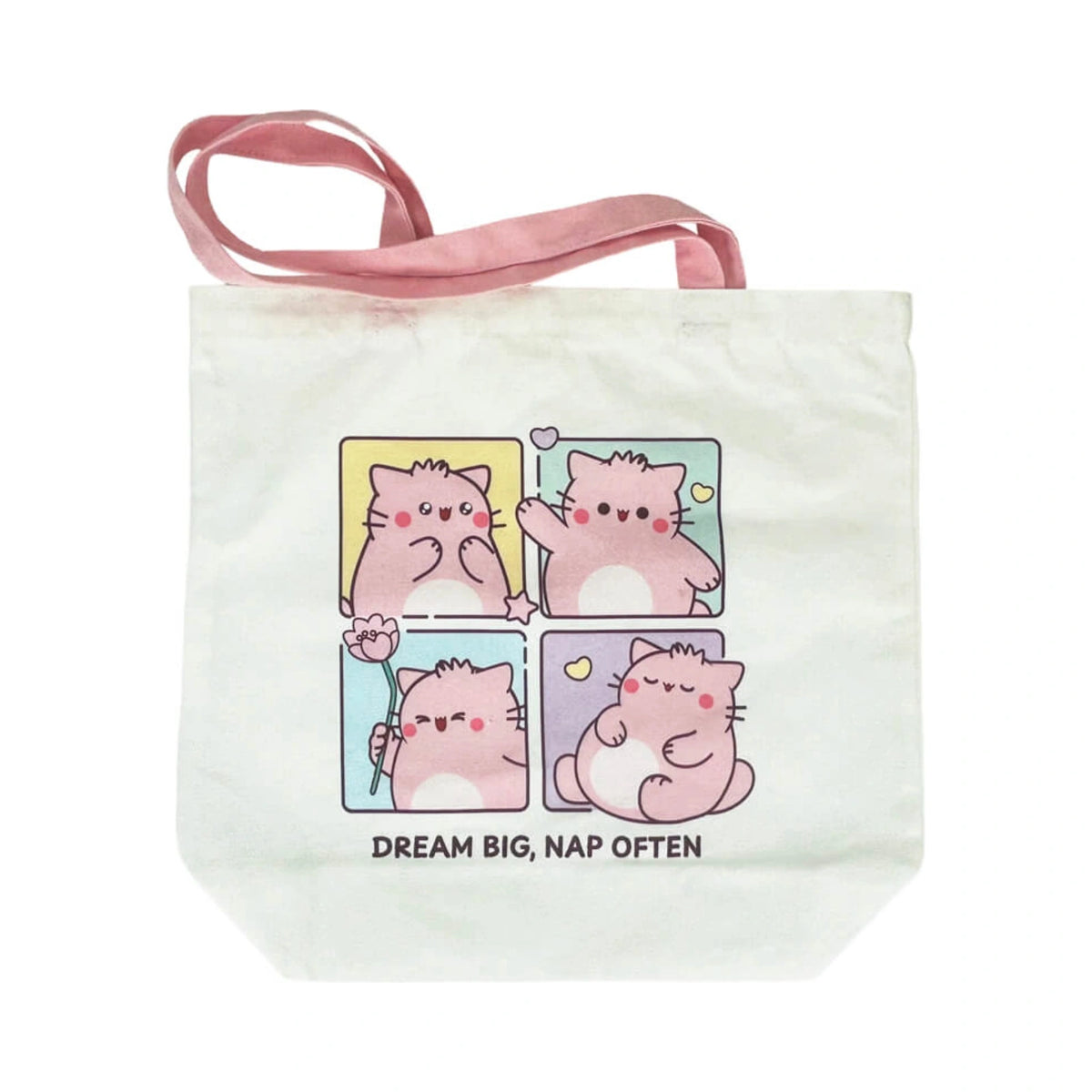 Pembe the Pink Cat cream PEMBE TOTE BAG with pink shoulder straps displaying a four panel cartoon of a pink cat and the words Dream Big Nap Often