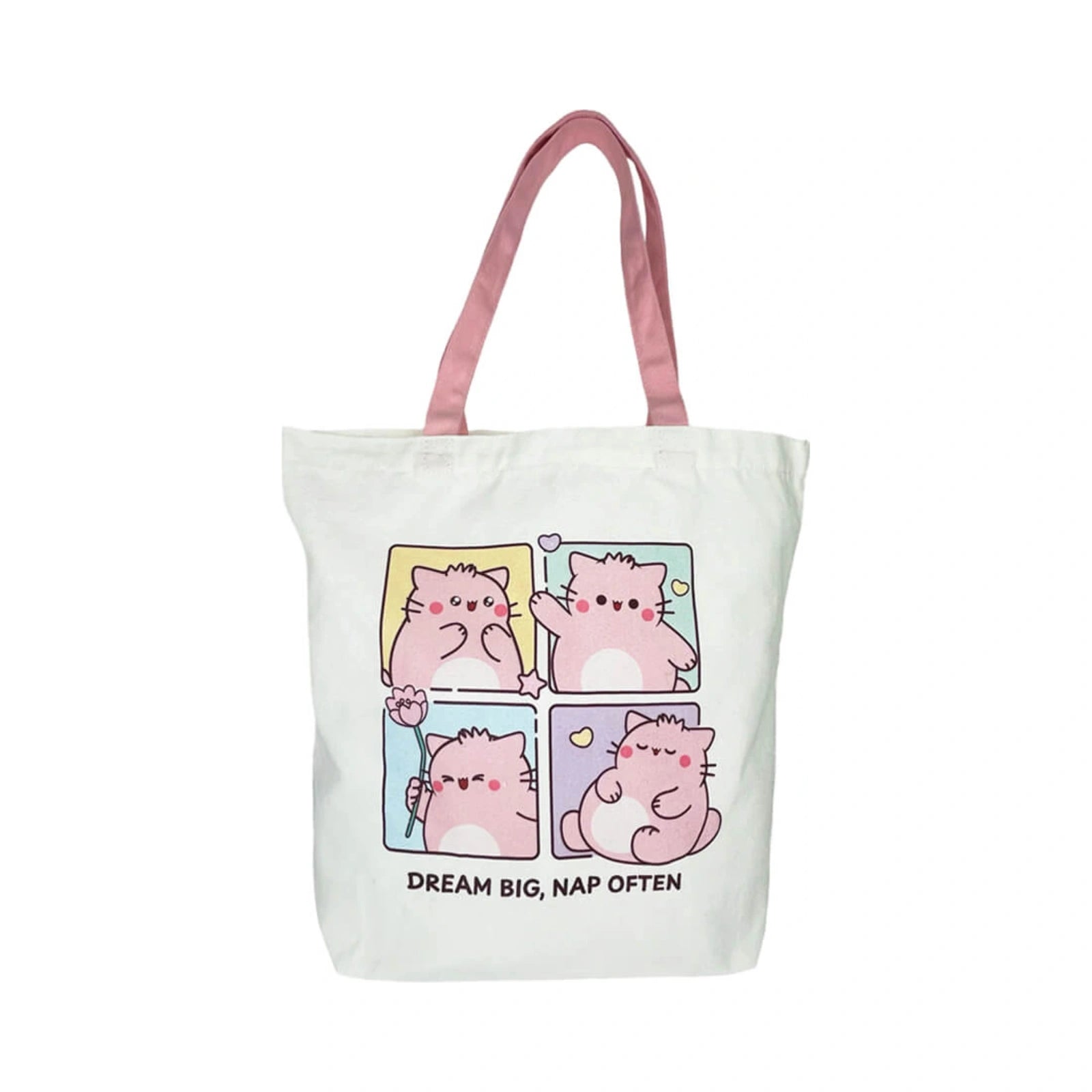 Pembe the Pink Cat canvas tote bag in white featuring pink shoulder straps and a four panel graphic of a cute pink cat waving holding a flower and napping above the text Dream Big Nap Often