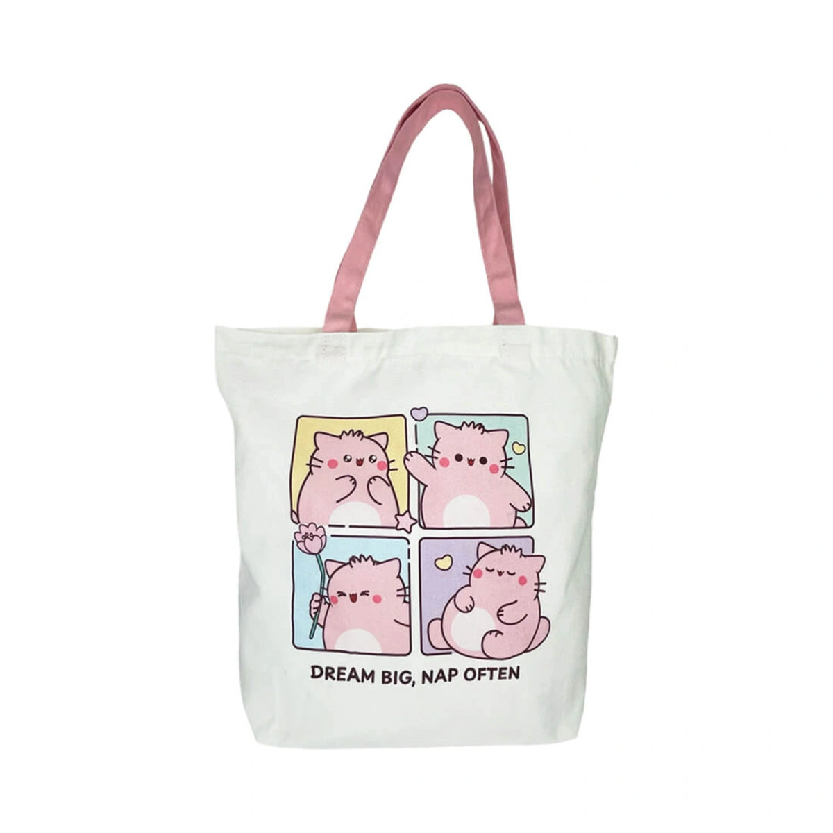 Pembe the Pink Cat canvas tote bag in white featuring pink shoulder straps and a four panel graphic of a cute pink cat waving holding a flower and napping above the text Dream Big Nap Often