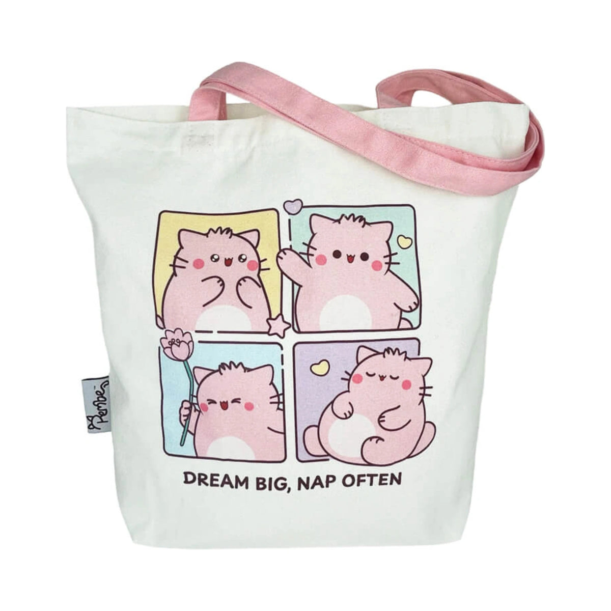 Pembe the Pink Cat canvas PEMBE TOTE BAG in cream white featuring pink shoulder straps and a four panel cartoon illustration of a chubby pink cat with the text Dream Big Nap Often