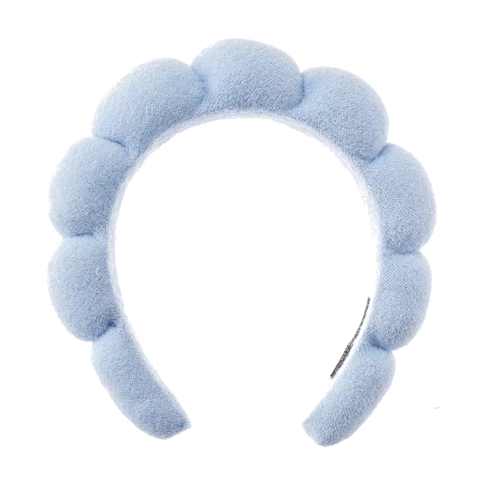 Light blue headband with fluffy pom-pom design on a white background