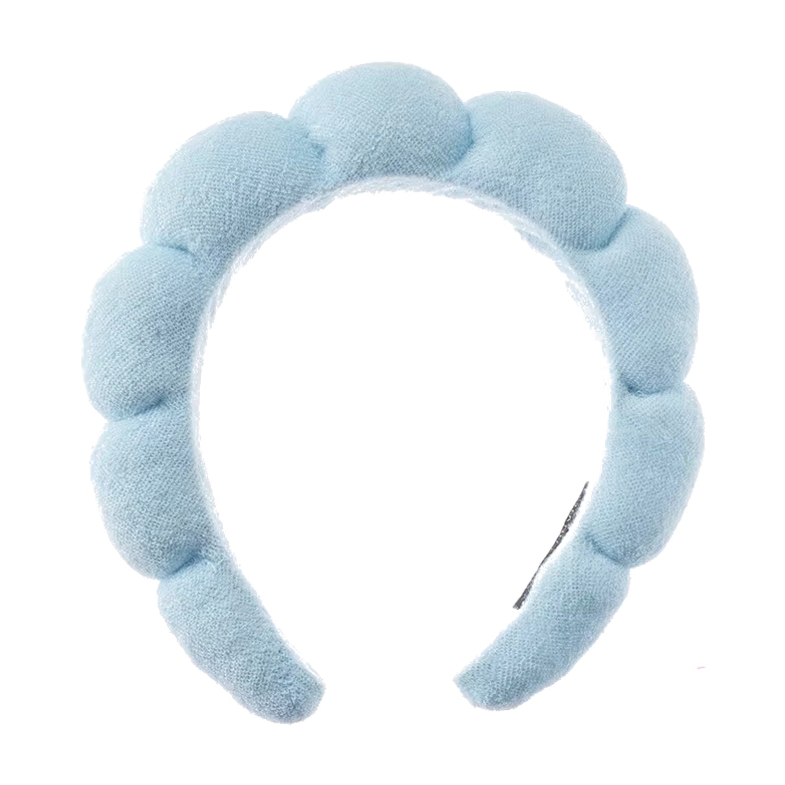 Light blue headband with a textured, bubble-like design on a white background