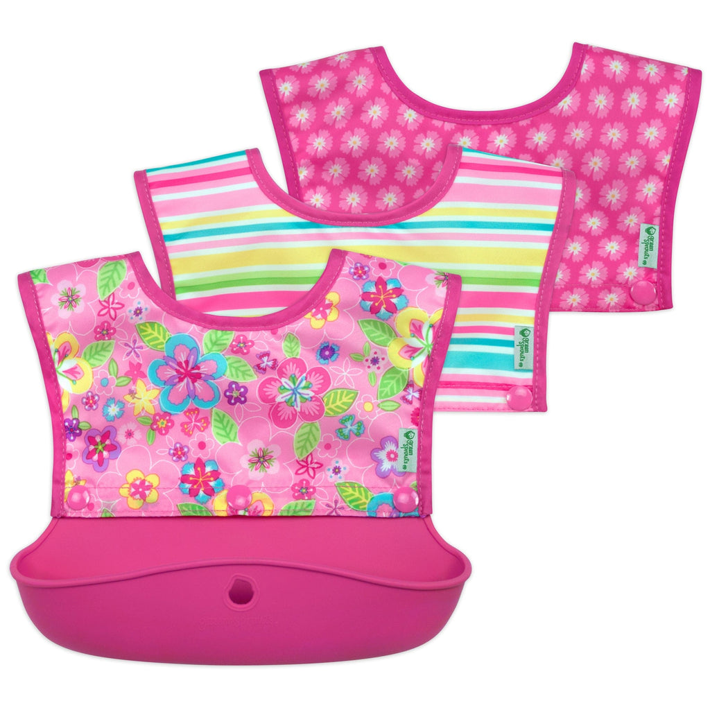 Green Sprouts Snap & Go™ Silicone Food-catcher Bib (3-in-1 Set) Pink Flower Field GS-BIB-FLOW-F-PK