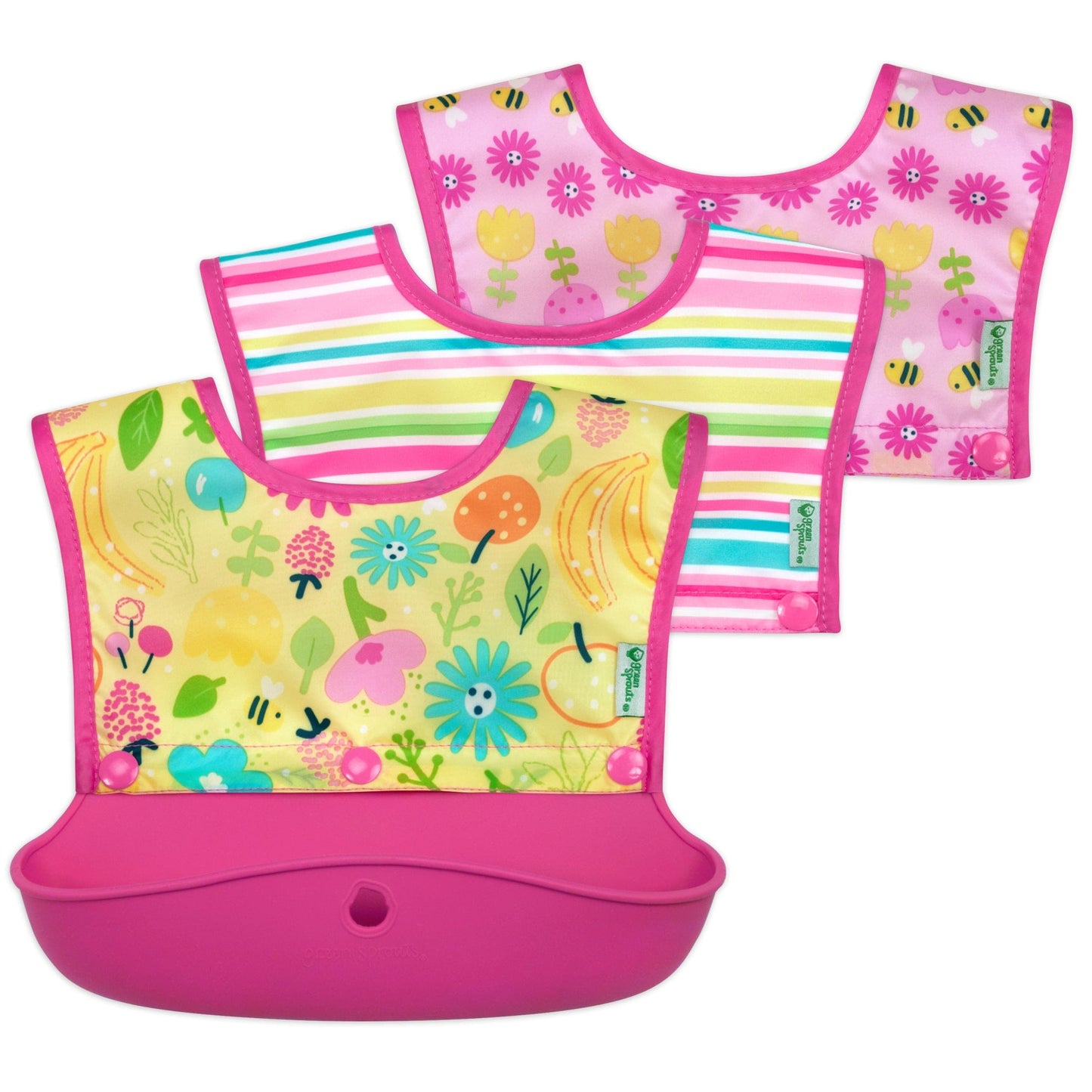 Green Sprouts Snap & Go™ Silicone Food-catcher Bib (3-in-1 Set) Pink Bee Floral GS-BIB-BEE-F-PK