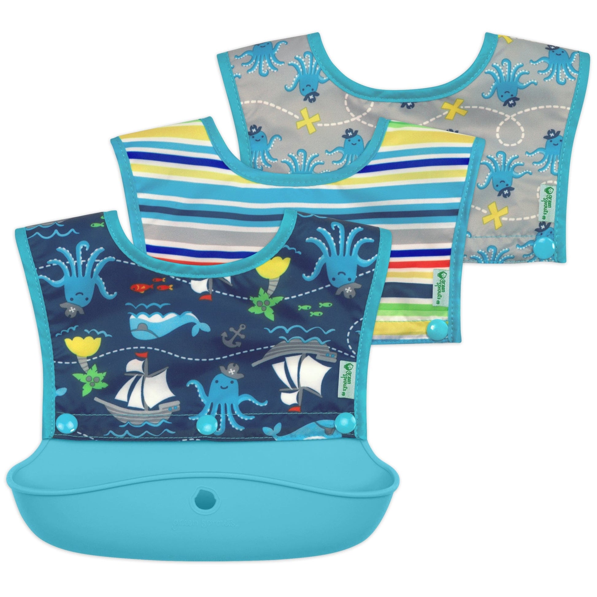Green Sprouts Snap & Go™ Silicone Food-catcher Bib (3-in-1 Set) Aqua Pirate GS-BIB-PIRA-AQ