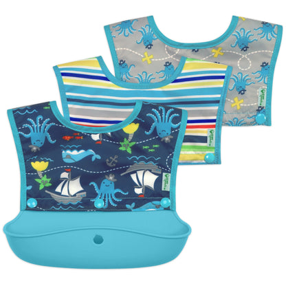 Green Sprouts Snap & Go™ Silicone Food-catcher Bib (3-in-1 Set) Aqua Pirate GS-BIB-PIRA-AQ