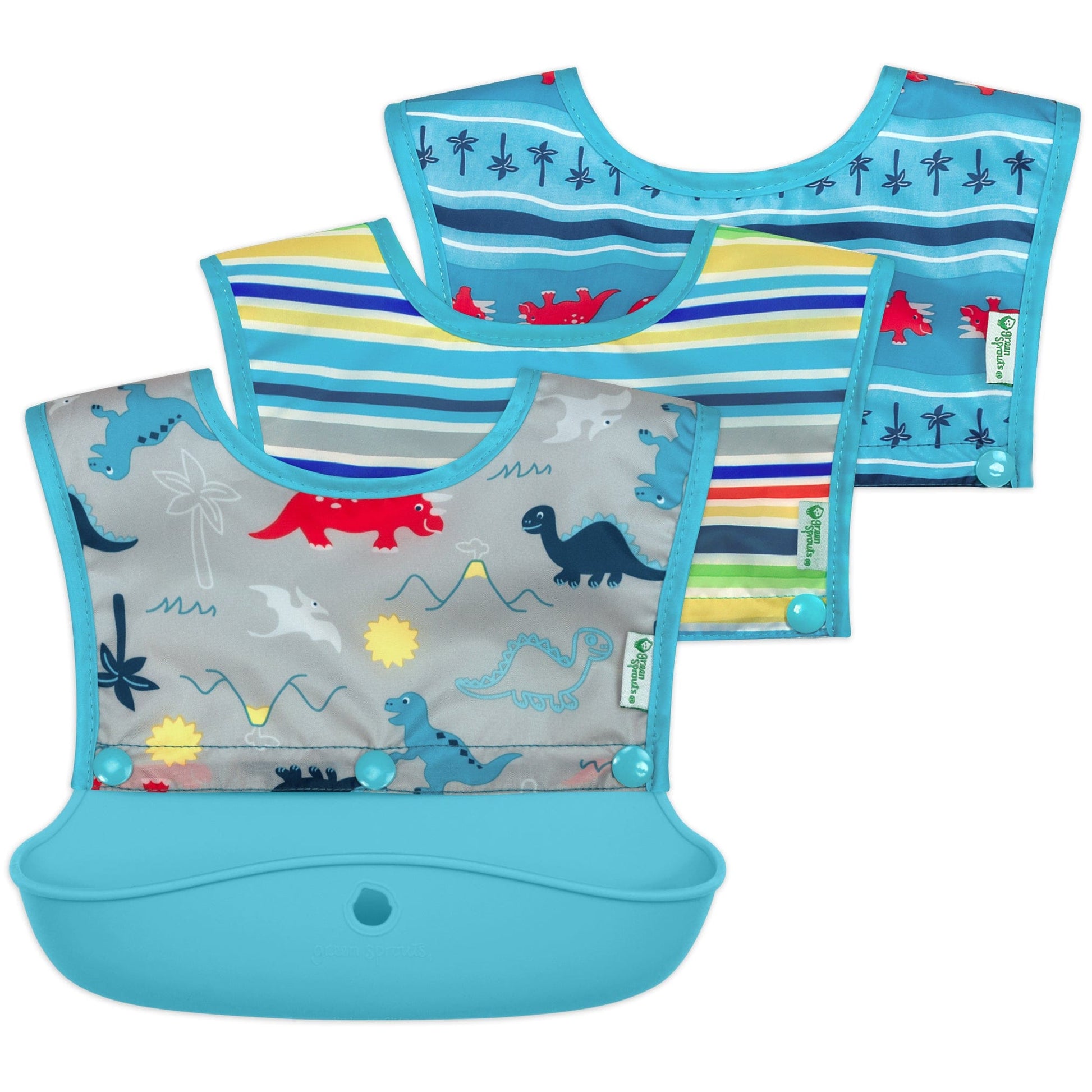 Green Sprouts Snap & Go™ Silicone Food-catcher Bib (3-in-1 Set) Aqua Dinosaurs GS-BIB-DINO-AQ
