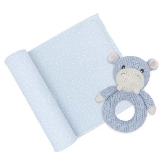 Living Textiles Jersey Swaddle & Rattle Gift Set - Confetti/Hippo Living Textiles Jersey Swaddle & Rattle Gift Set - Confetti/Hippo 