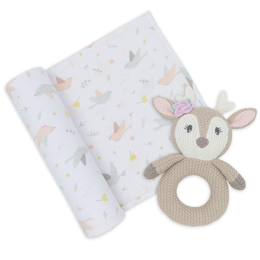 Living Textiles Jersey Swaddle & Rattle Gift Set - Ava/Fawn Living Textiles Jersey Swaddle & Rattle Gift Set - Ava/Fawn 