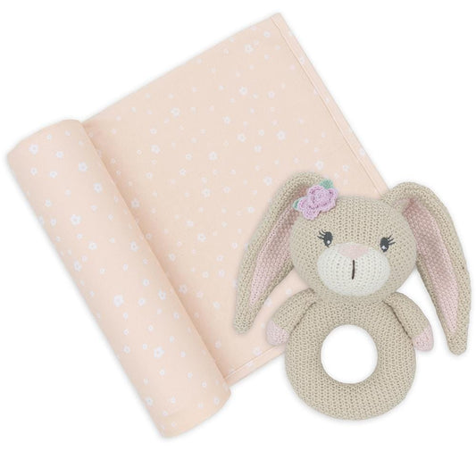 Living Textiles Jersey Swaddle & Rattle Gift Set - Floral/Bunny Living Textiles Jersey Swaddle & Rattle Gift Set - Floral/Bunny 