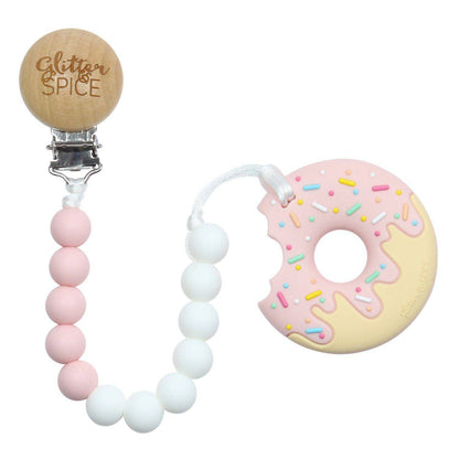 Glitter & Spice Donut Silicone Teether with Pacifier Clip - Strawberry Cream Glitter & Spice Donut Silicone Teether with Pacifier Clip - Strawberry Cream 