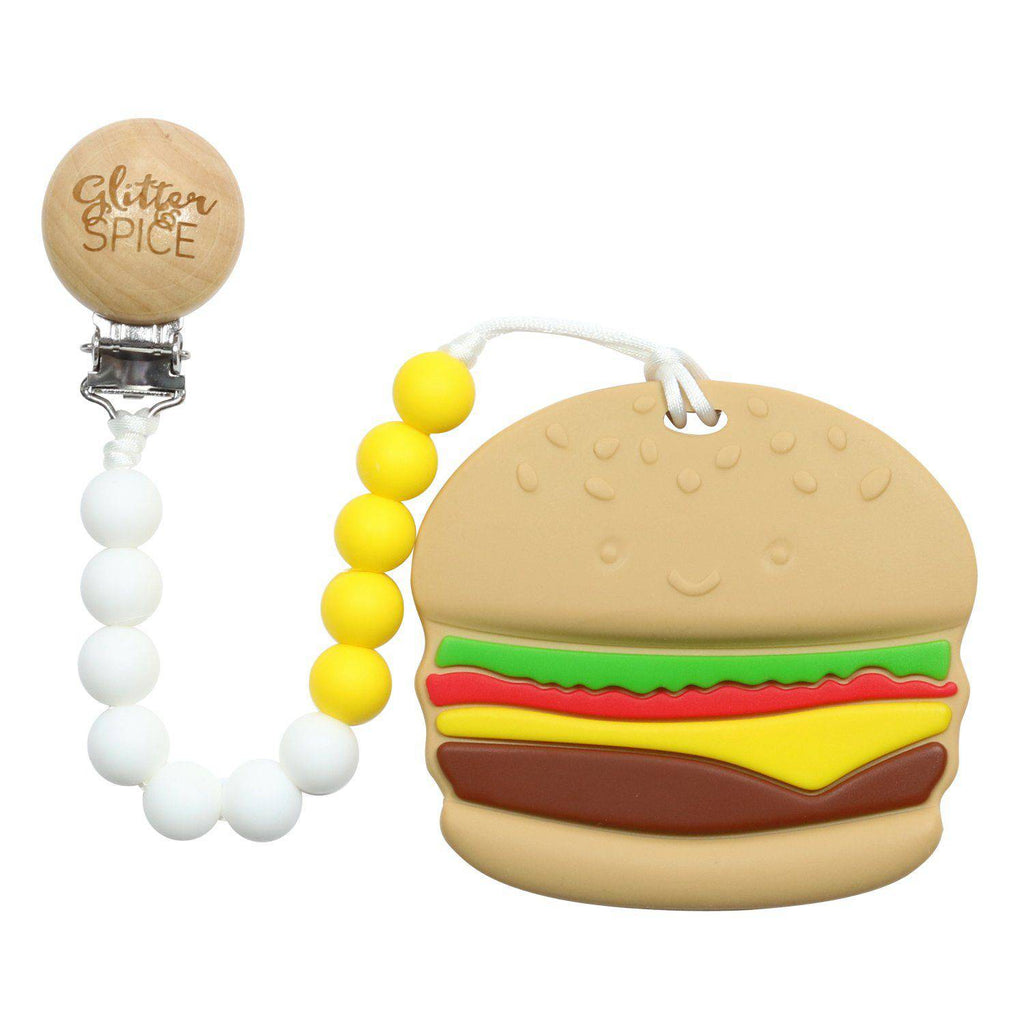 Glitter & Spice Burger Silicone Teether with Pacifier Clip Glitter & Spice Burger Silicone Teether with Pacifier Clip 