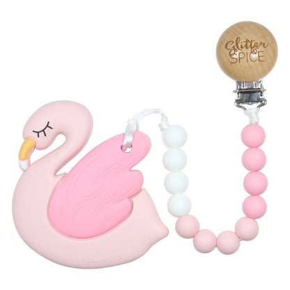 Glitter & Spice Flamingo Silicone Teether with Pacifier Clip Glitter & Spice Flamingo Silicone Teether with Pacifier Clip 